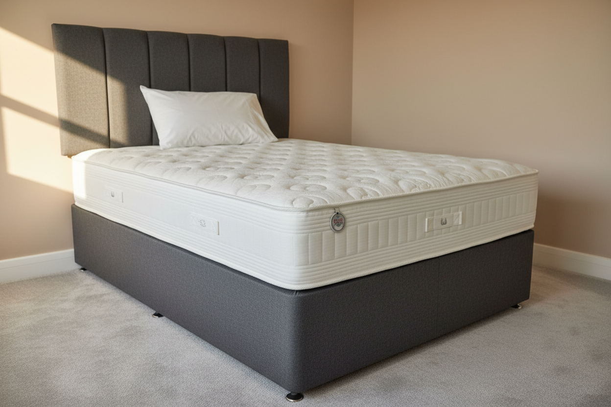 Canterbury mattress on divan with vertical-paneled headboard