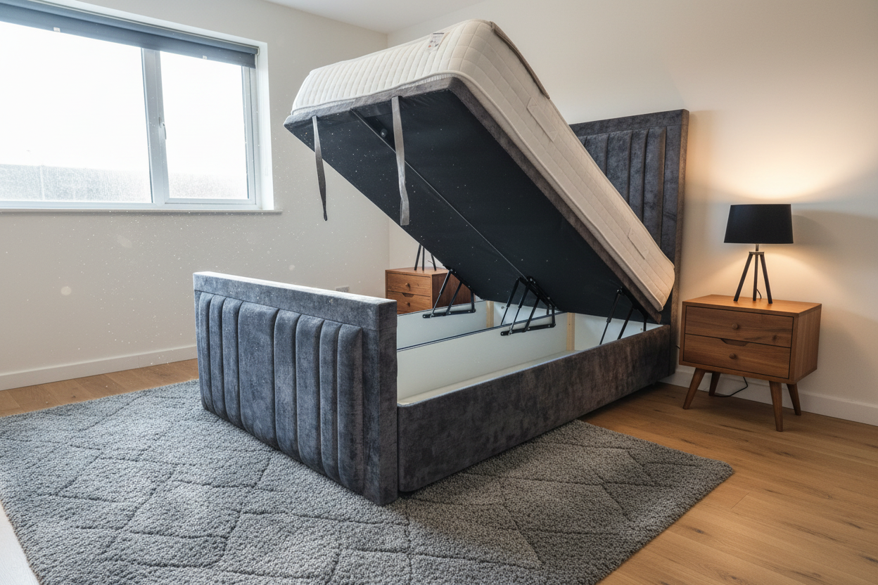 Charcoal dark grey ottoman storage bed with lift up