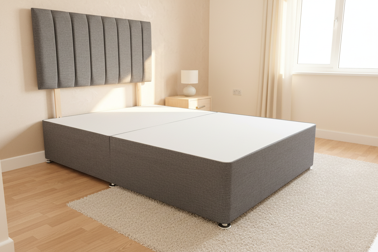 Dark grey divan bed in bedroom setting without mattress