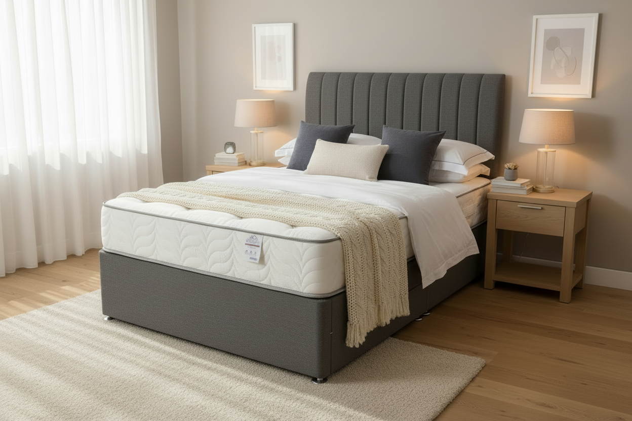 Eden bed with evenly spaced headboard in bedroom setting