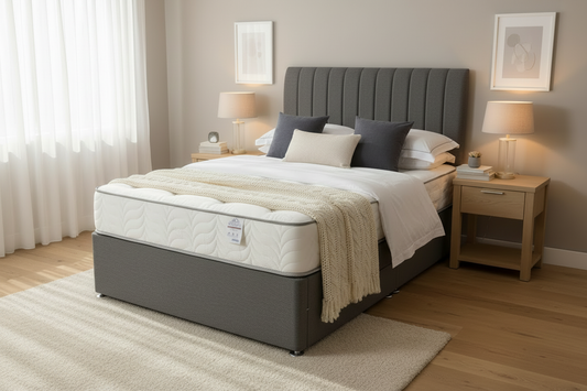 Eden bed with evenly spaced headboard in bedroom setting