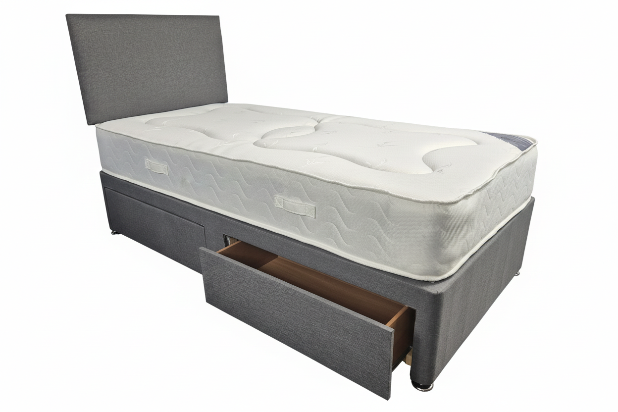 Grey divan bed on white background