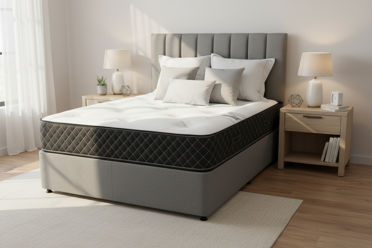Mattress on grey bed in bedroom setting