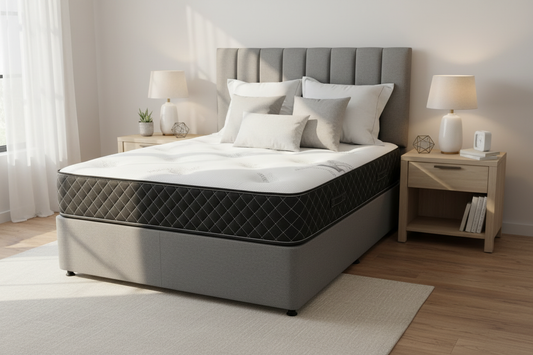 Mattress on grey bed in bedroom setting