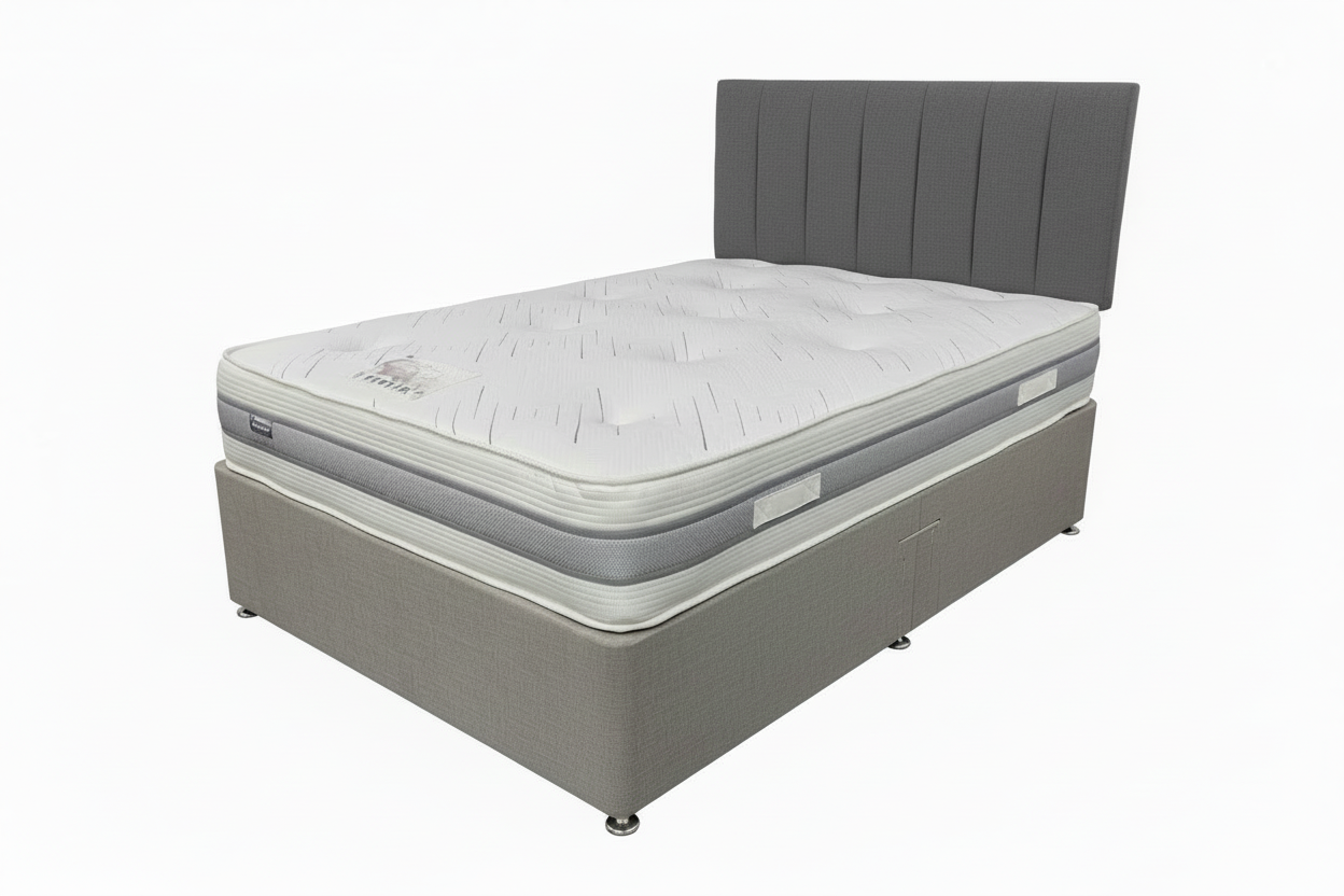 Mattress on matching grey bed with lined headboard