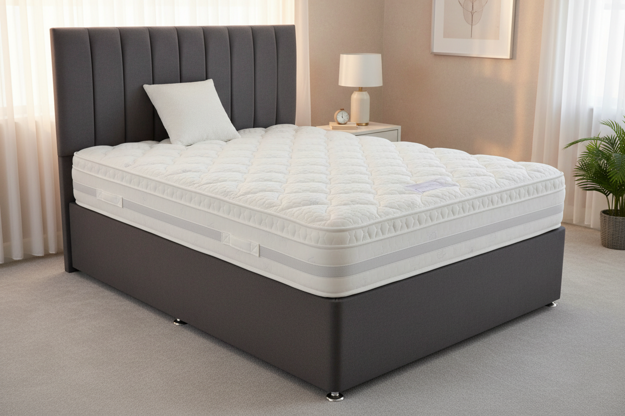 Oxford Pocket Sprung Memory Foam Mattress on dark grey divan bed in bedroom setting