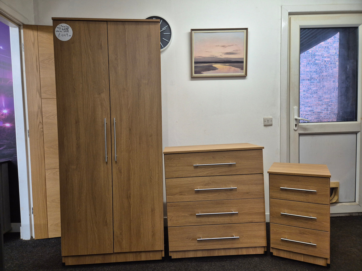 Trio Bedroom Set In Oak effect Wardrobe + Chest + Bedside