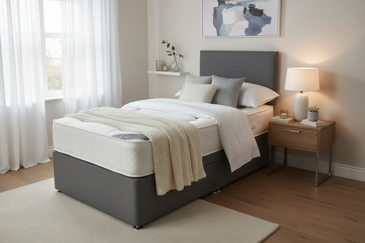 Single grey divan bed in bedroom setting