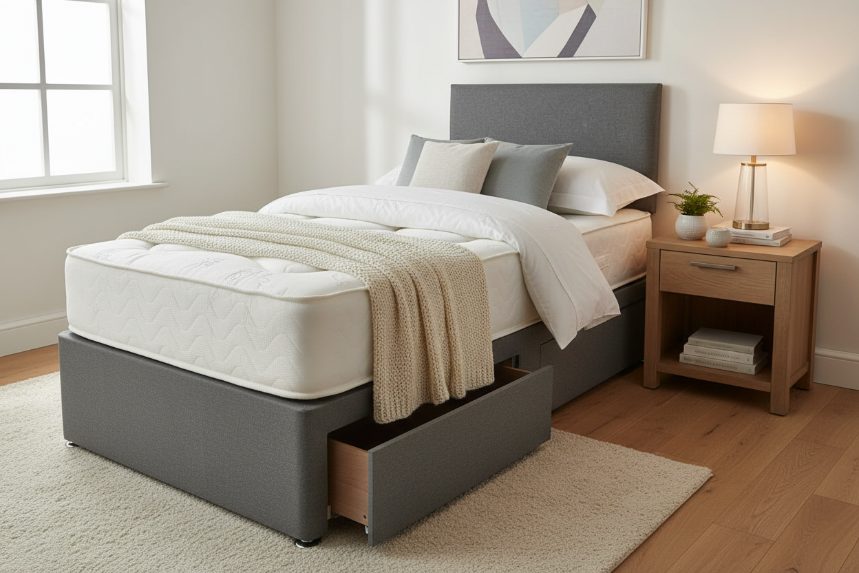 Single grey divan bed with side drawers in bedroom setting