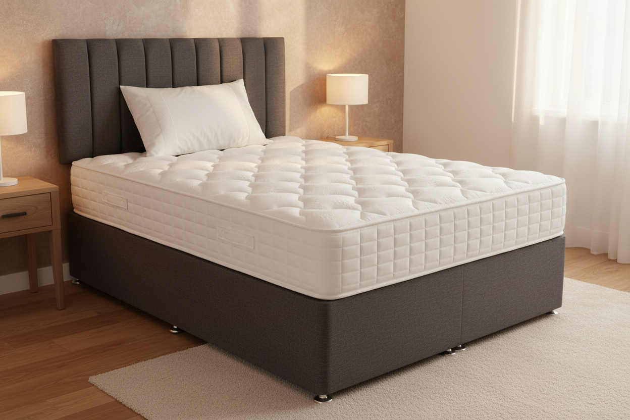 Vermont 1000 Pocket Sprung Mattress on dark grey divan bed in bedroom setting