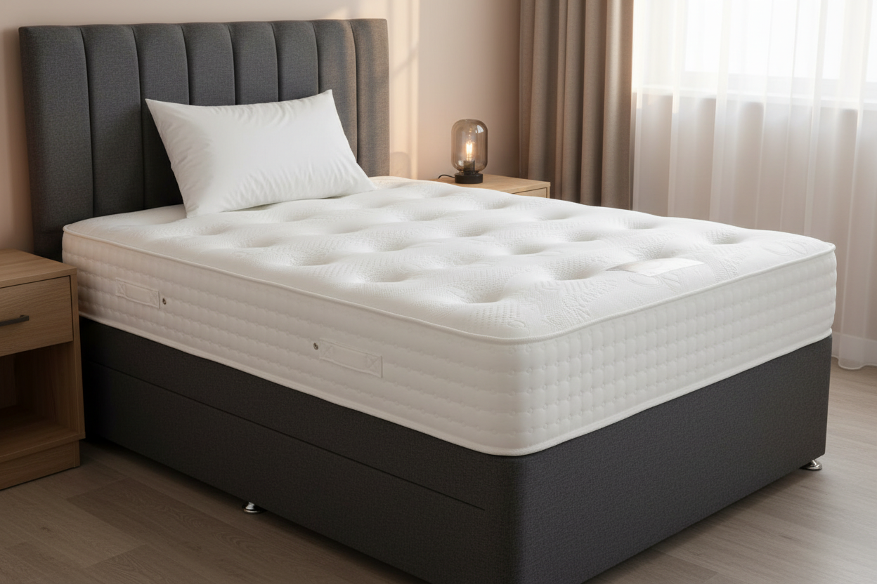 Victoria Orthopaedic mattress on plain dark grey divan bed