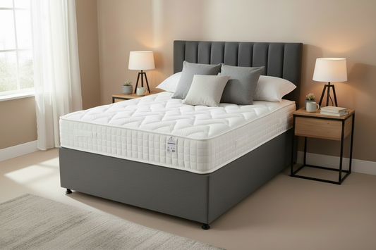 White quilted ortho mattress in bedroom with plain divan